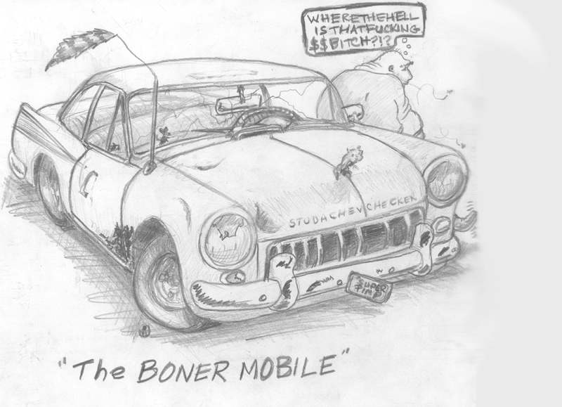 The bonermobile, cartoon of topless dancer's boyfriend's car