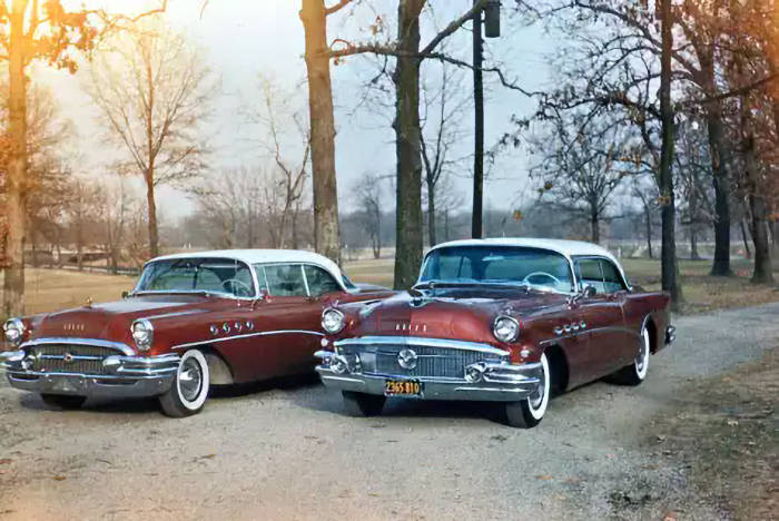 side by side:  1955 and 1956 Buick Roadmasters