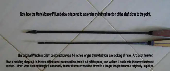 This picture compares the strim effective lines of the Morrown pilum to the Windlass pilum