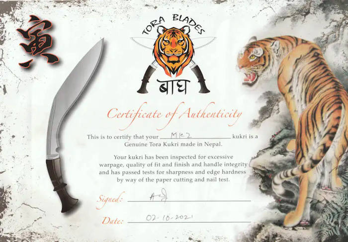 picture:  Tora Blades certificate of authenticity of Mark II Kulri