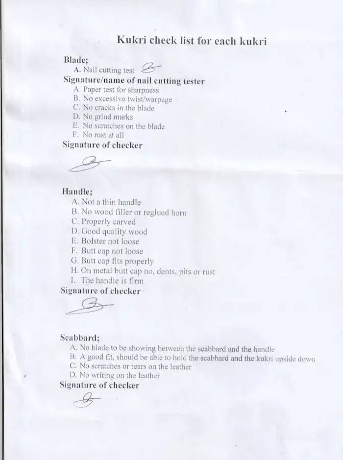 picture:  Tora Blades qulaity control check list for Mark II Kukri